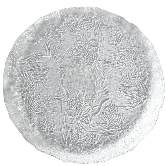 Holiday Clear Glass with Bells Bows Pinecones & Evergreens Platter-Set of 2 - Picture 3 of 7